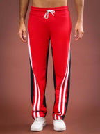 Genz-classic Men's Color Block Triple Side Stripe Track Pants | Straight Fit | Red, Black & White