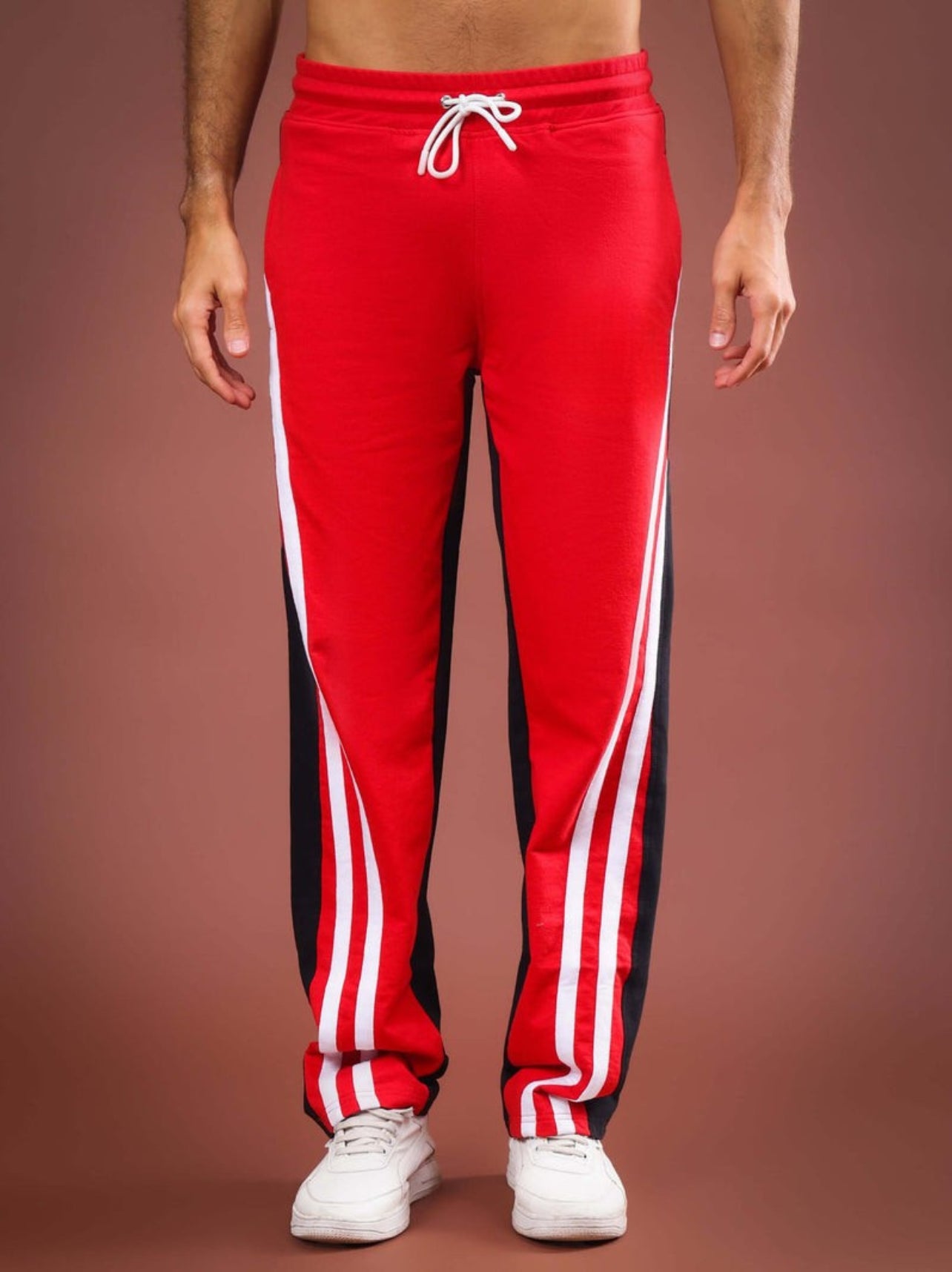 Genz-classic Men's Color Block Triple Side Stripe Track Pants | Straight Fit | Red, Black & White