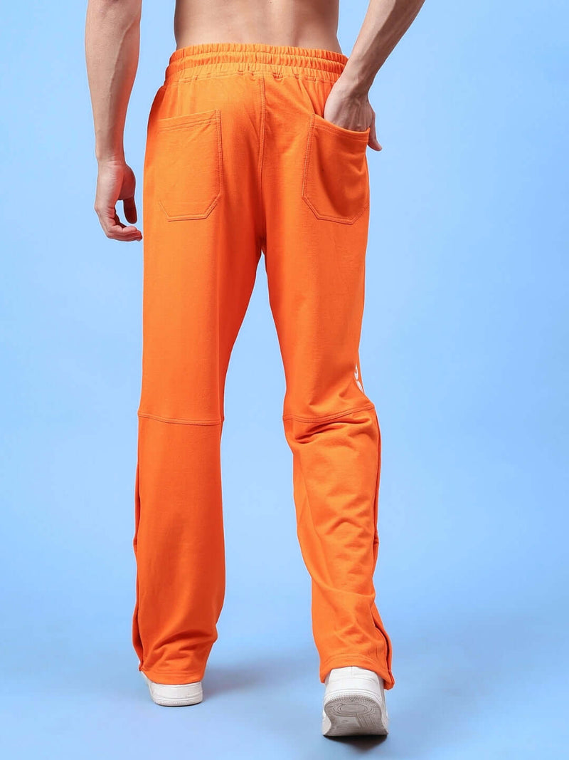 Genz-classic Men's Cotton Side Snap Button Track Pants with Logo Print | Relaxed Fit | Orange