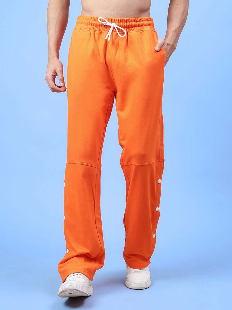 Genz-classic Men's Cotton Side Snap Button Track Pants with Logo Print | Relaxed Fit | Orange