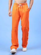 Genz-classic Men's Cotton Side Snap Button Track Pants with Logo Print | Relaxed Fit | Orange