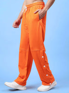Genz-classic Men's Cotton Side Snap Button Track Pants with Logo Print | Relaxed Fit | Orange
