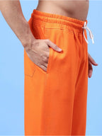 Genz-classic Men's Cotton Side Snap Button Track Pants with Logo Print | Relaxed Fit | Orange
