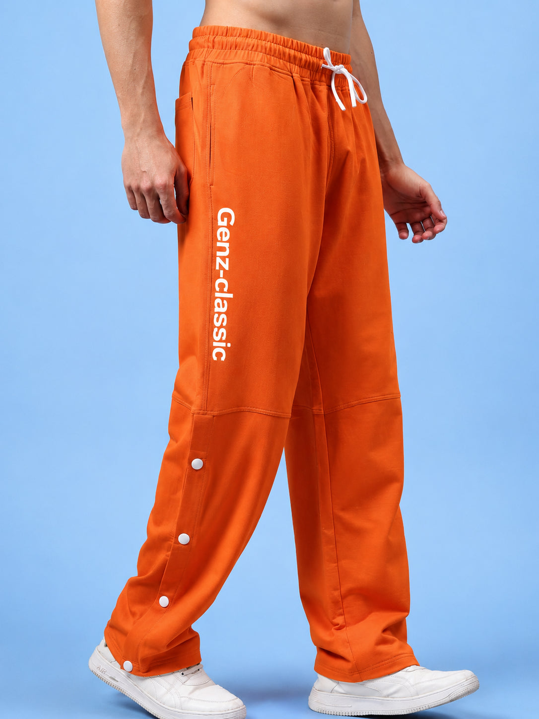 Genz-classic Men's Cotton Side Snap Button Track Pants with Logo Print | Relaxed Fit | Orange
