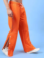 Genz-classic Men's Cotton Side Snap Button Track Pants with Logo Print | Relaxed Fit | Orange