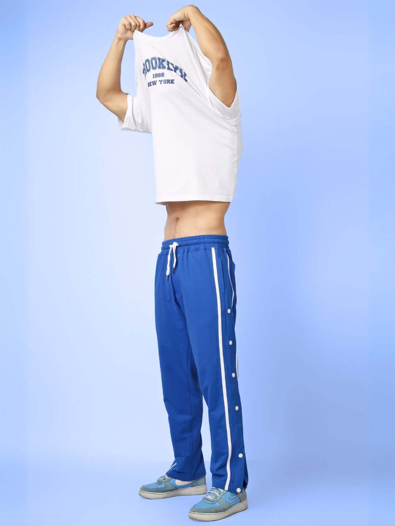 Genz-classic Men's Cotton Snap Button Track Pants | Royal Blue with White Side Stripe | Regular Fit Casual Lower