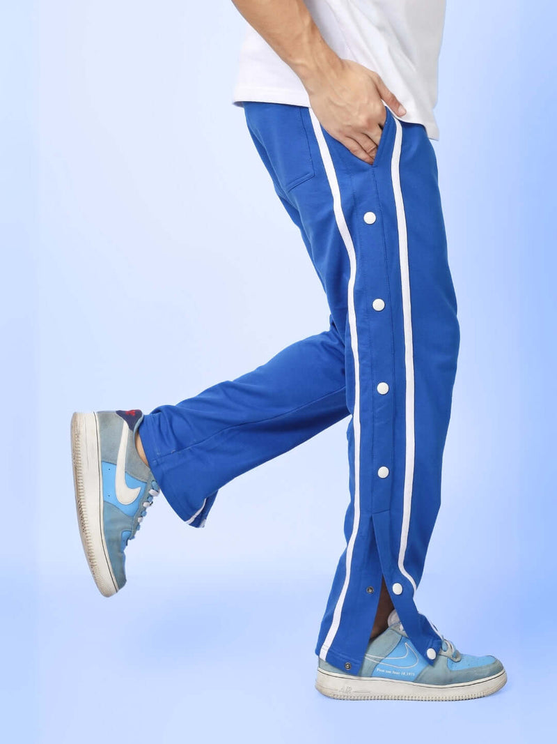 Genz-classic Men's Cotton Snap Button Track Pants | Royal Blue with White Side Stripe | Regular Fit Casual Lower