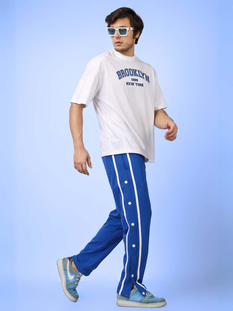 Genz-classic Men's Cotton Snap Button Track Pants | Royal Blue with White Side Stripe | Regular Fit Casual Lower