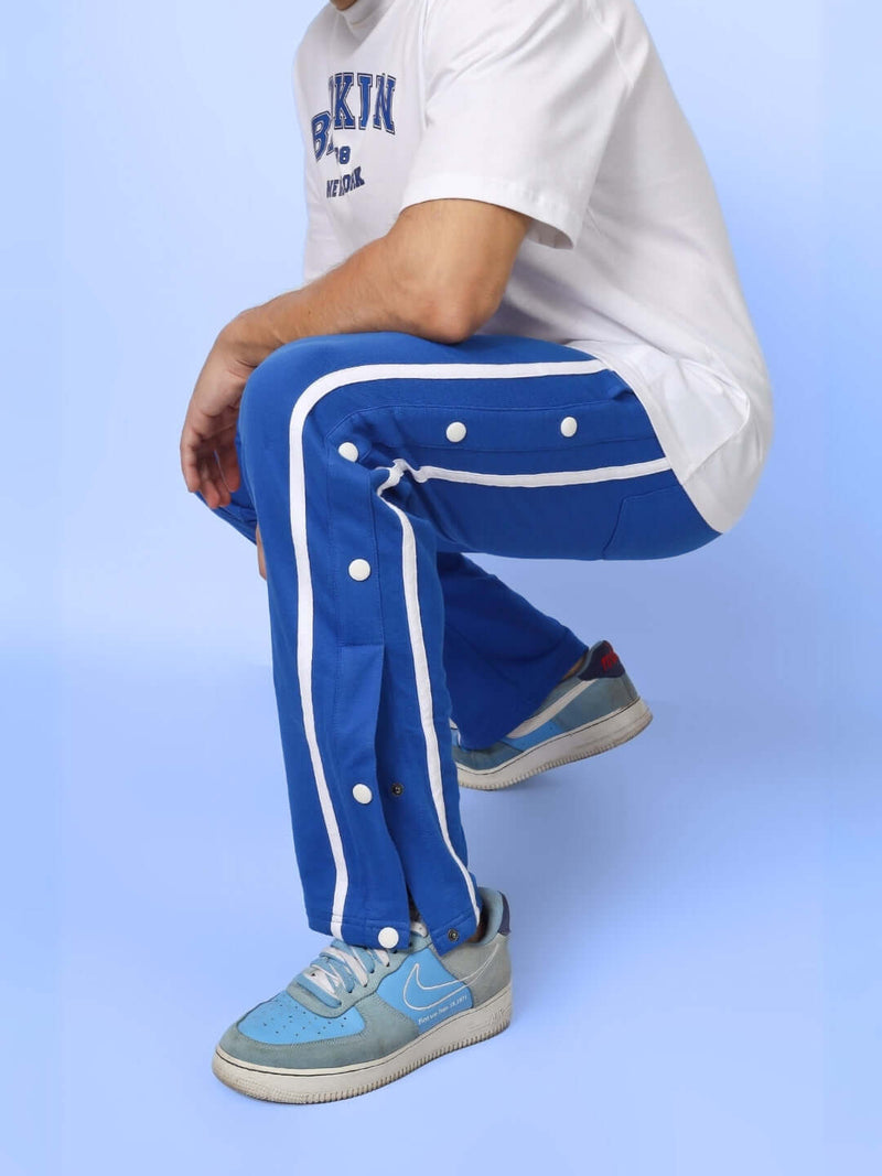 Genz-classic Men's Cotton Snap Button Track Pants | Royal Blue with White Side Stripe | Regular Fit Casual Lower