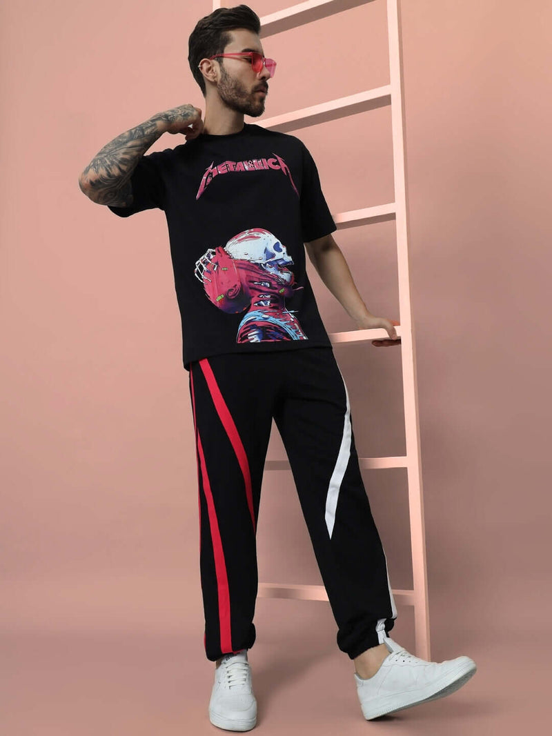 Genz-classic Men's Cotton Joggers | Black with Red & White Side Panel | Regular Fit | Casual Track Pants