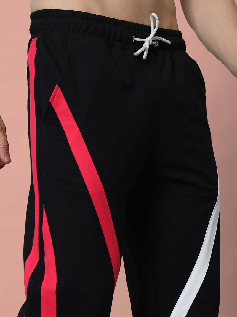 Genz-classic Men's Cotton Joggers | Black with Red & White Side Panel | Regular Fit | Casual Track Pants