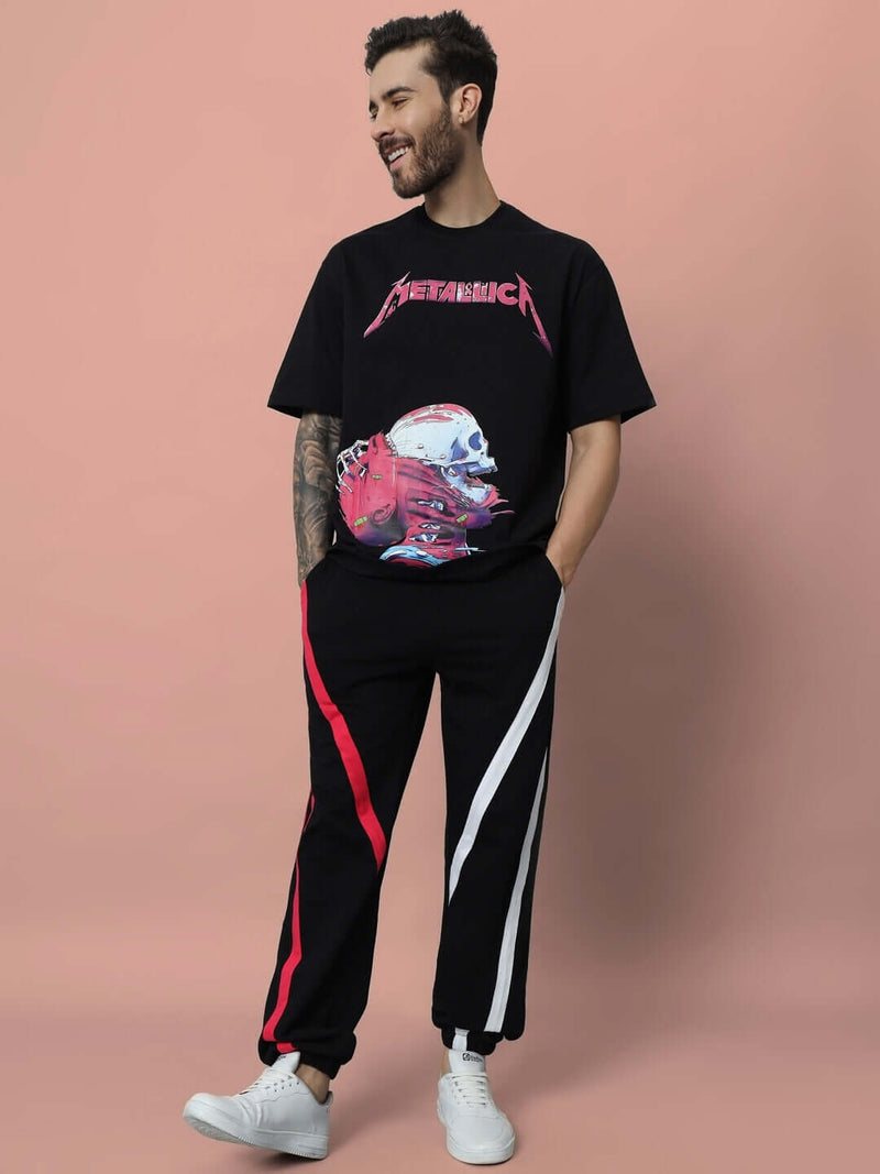 Genz-classic Men's Cotton Joggers | Black with Red & White Side Panel | Regular Fit | Casual Track Pants