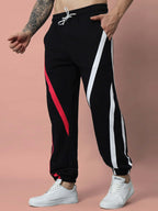Genz-classic Men's Cotton Joggers | Black with Red & White Side Panel | Regular Fit | Casual Track Pants