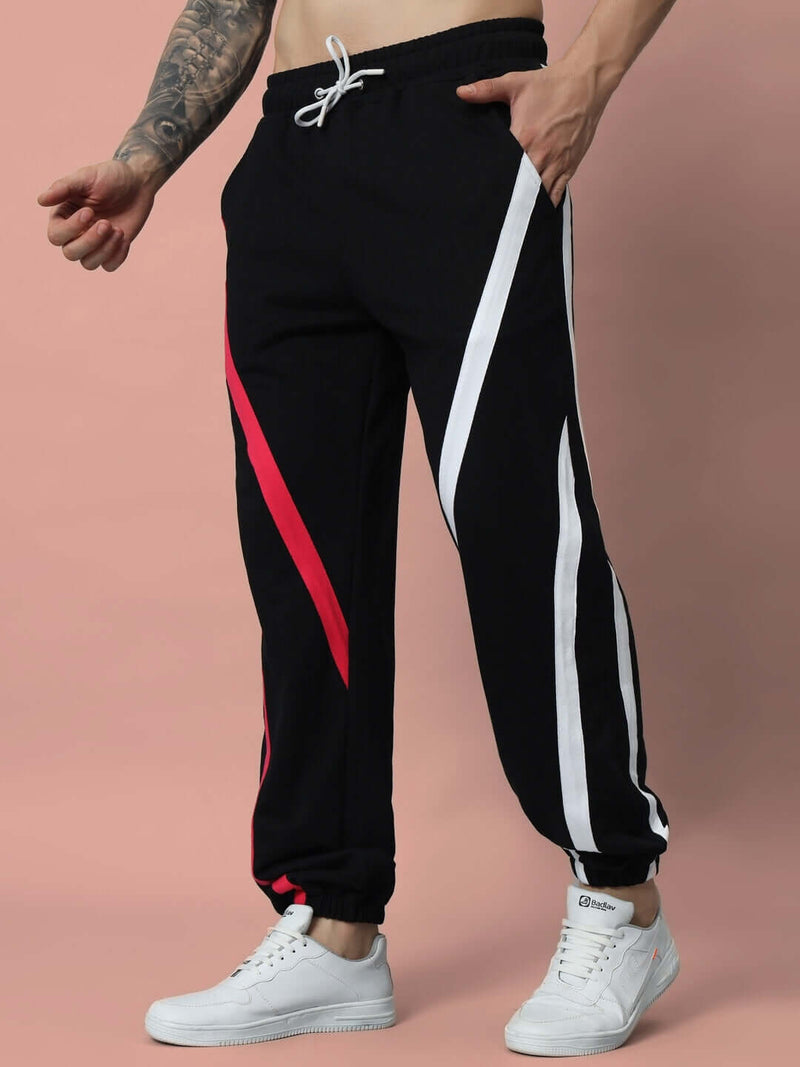Genz-classic Men's Cotton Joggers | Black with Red & White Side Panel | Regular Fit | Casual Track Pants