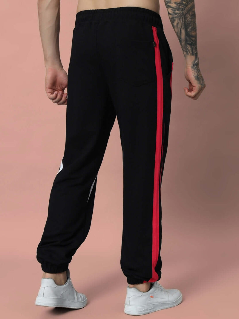 Genz-classic Men's Cotton Joggers | Black with Red & White Side Panel | Regular Fit | Casual Track Pants