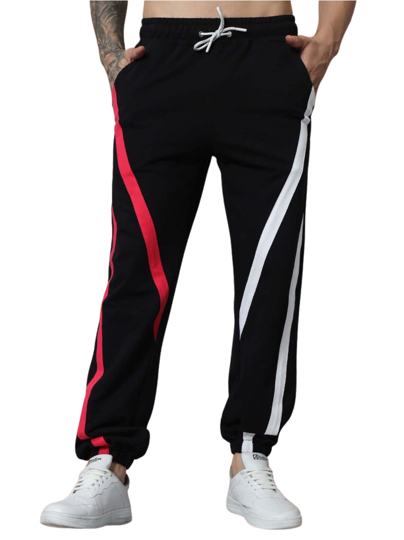 Genz-classic Men's Cotton Joggers | Black with Red & White Side Panel | Regular Fit | Casual Track Pants