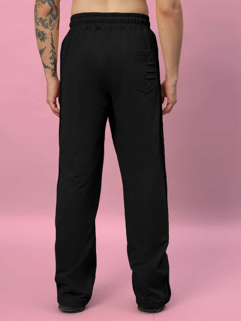 Genz-classic Men's Cotton Straight Fit Track Pants | Elastic Waist | Casual Lounge Wear | Black