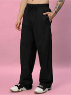 Genz-classic Men's Cotton Straight Fit Track Pants | Elastic Waist | Casual Lounge Wear | Black