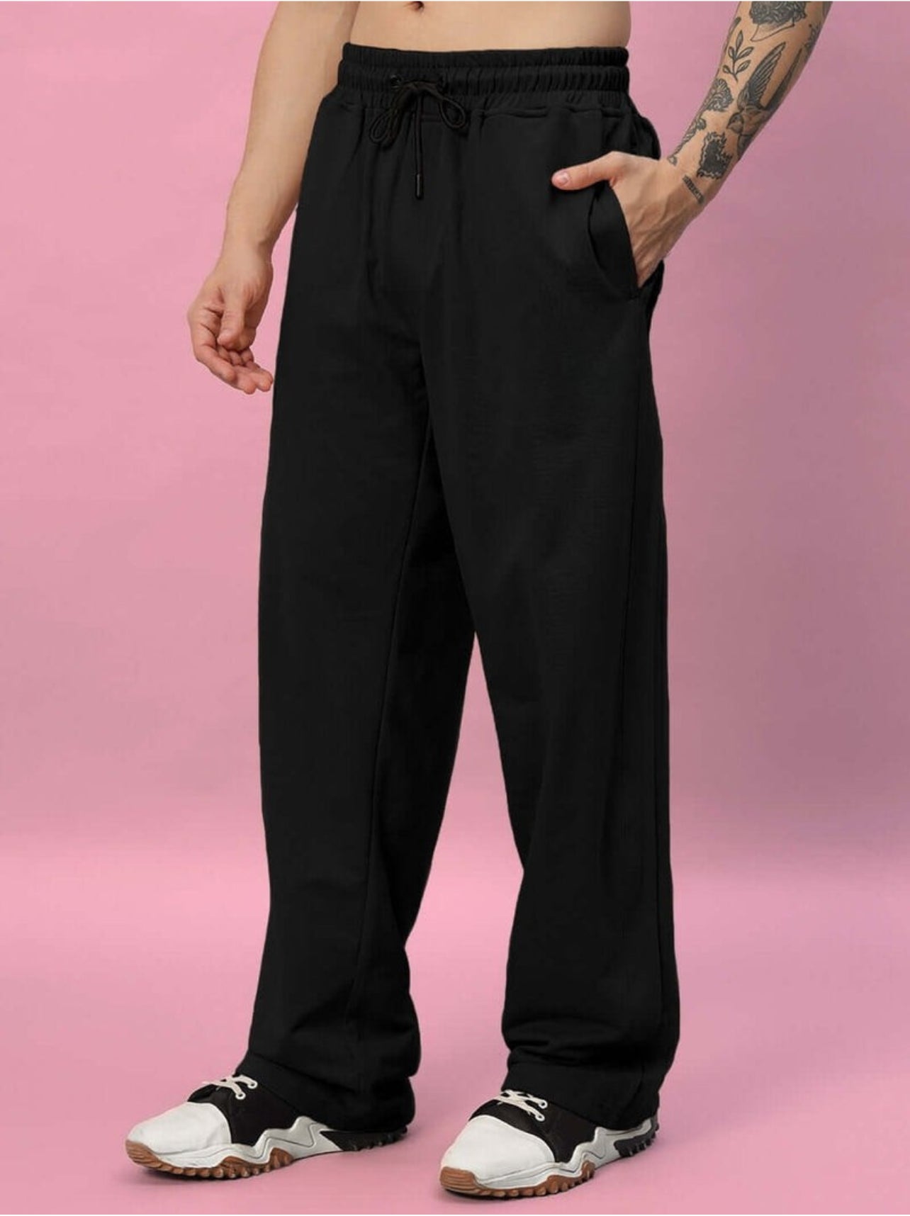 Genz-classic Men's Cotton Straight Fit Track Pants | Elastic Waist | Casual Lounge Wear | Black