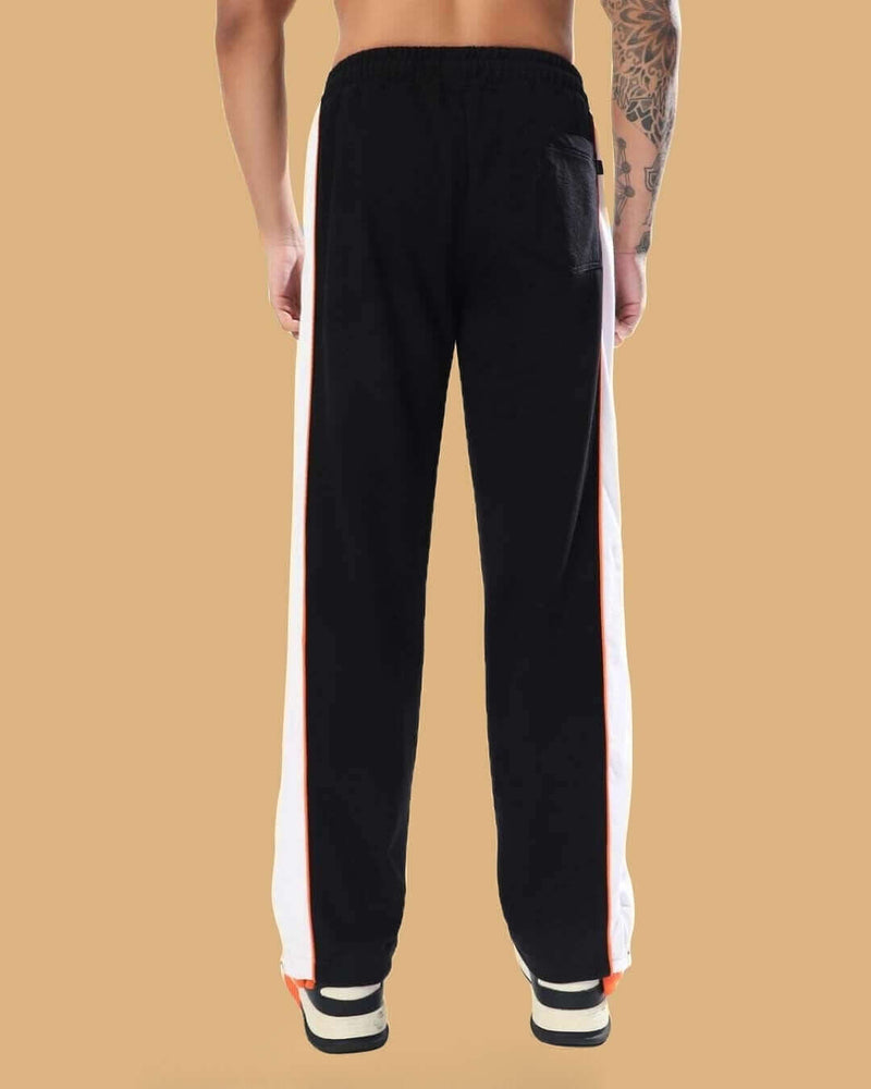 Genz-classic Men's Cotton Side Zip Track Pants | Black White Orange Color Block | Regular Fit Casual Lower