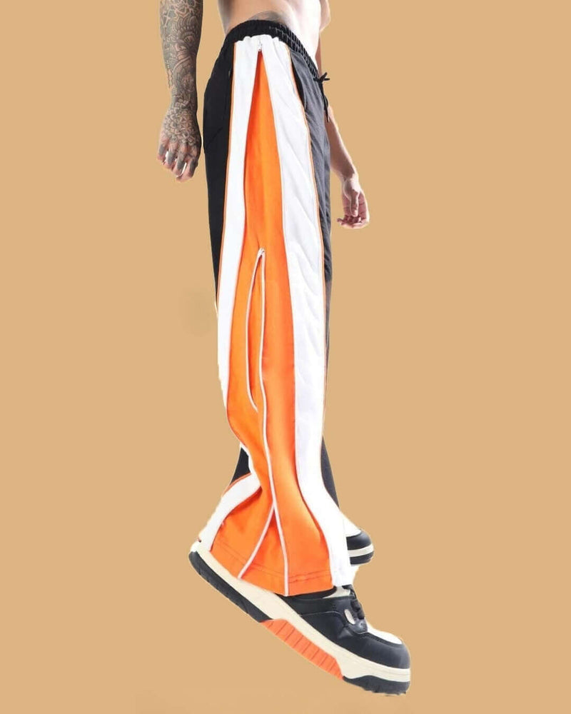 Genz-classic Men's Cotton Side Zip Track Pants | Black White Orange Color Block | Regular Fit Casual Lower