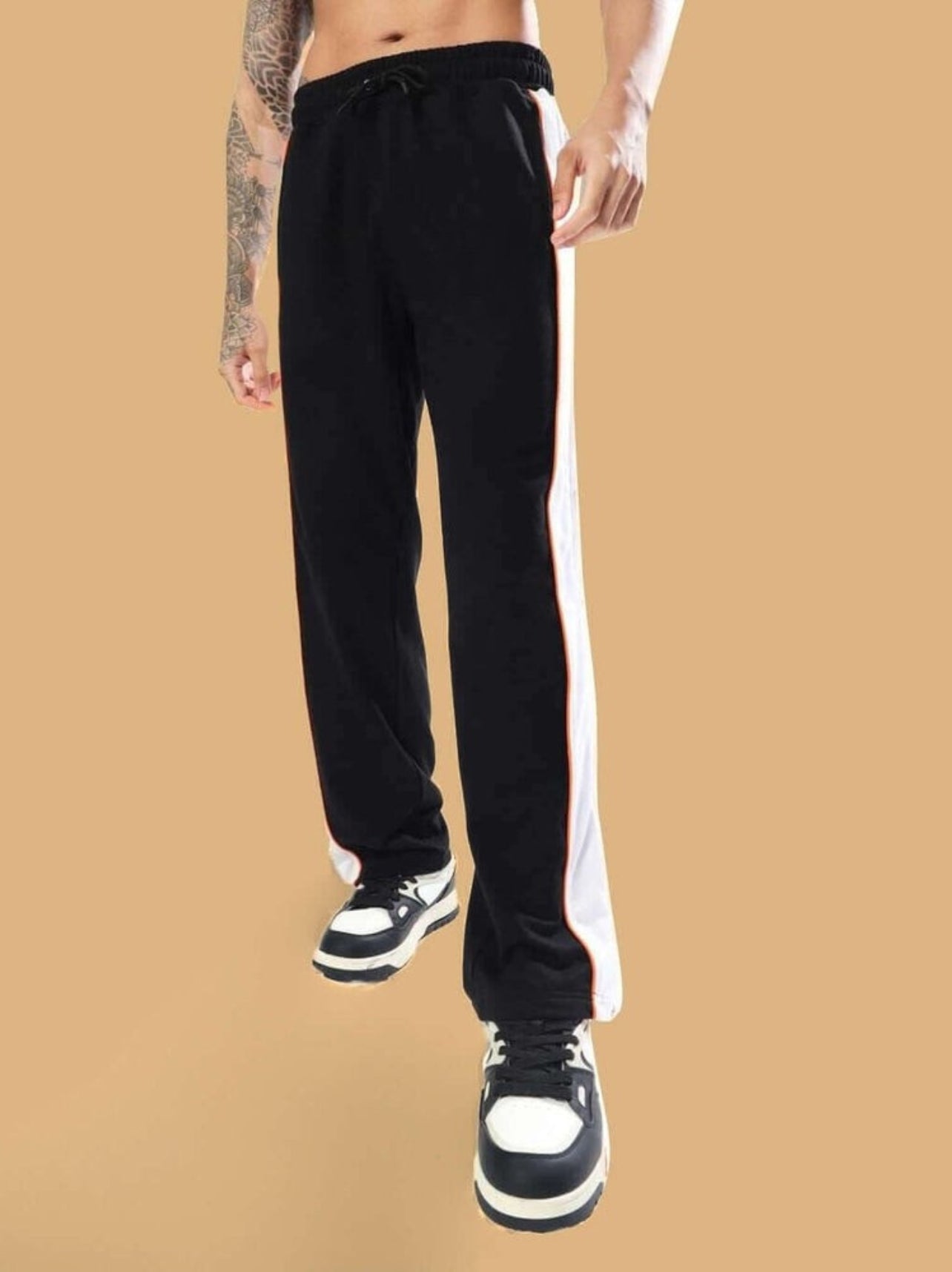 Genz-classic Men's Cotton Side Zip Track Pants | Black White Orange Color Block | Regular Fit Casual Lower