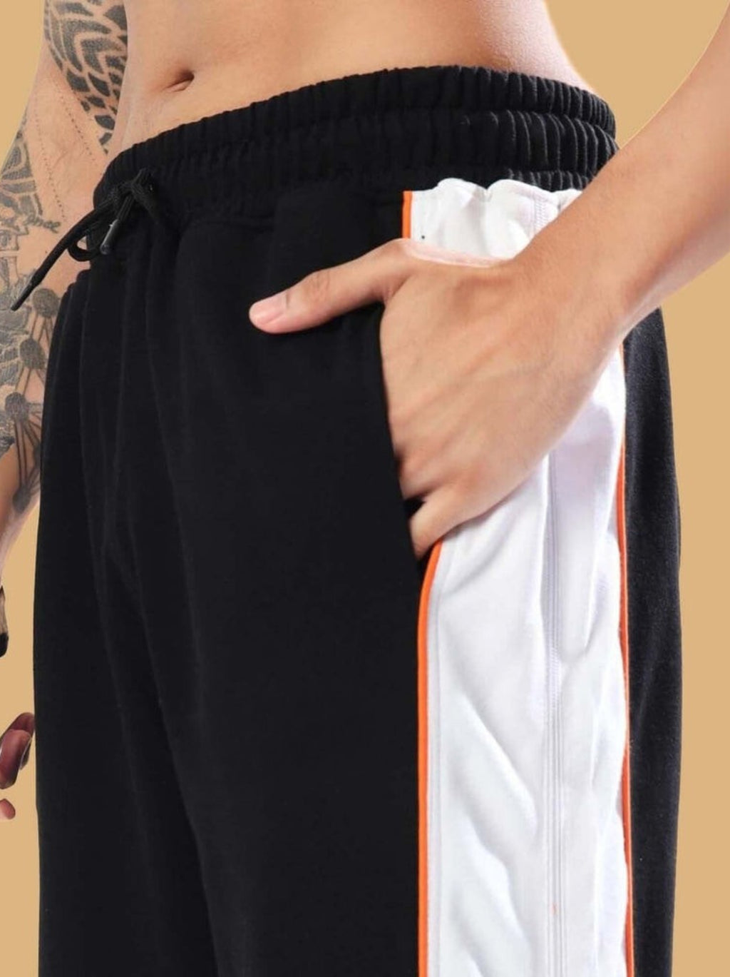 Genz-classic Men's Cotton Side Zip Track Pants | Black White Orange Color Block | Regular Fit Casual Lower