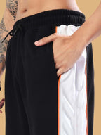 Genz-classic Men's Cotton Side Zip Track Pants | Black White Orange Color Block | Regular Fit Casual Lower