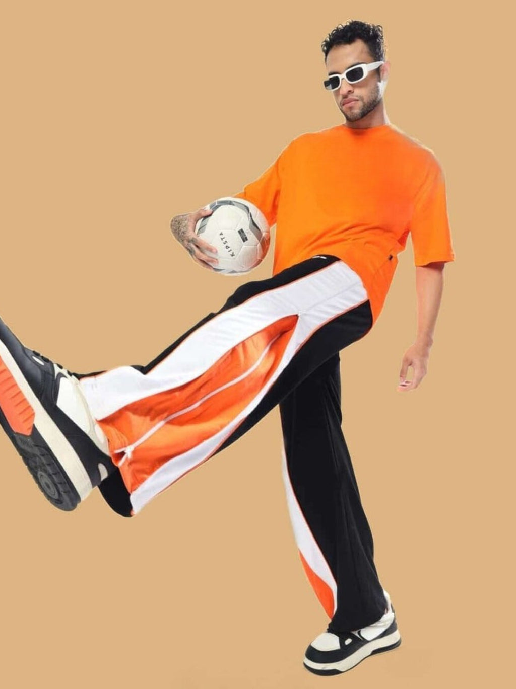 Genz-classic Men's Cotton Side Zip Track Pants | Black White Orange Color Block | Regular Fit Casual Lower