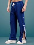 Genz-classic Men's Cotton Side Snap Button Track Pants with Triple Stripe Detail | Straight Fit | Navy Blue