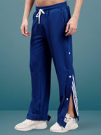 Genz-classic Men's Cotton Side Snap Button Track Pants with Triple Stripe Detail | Straight Fit | Navy Blue