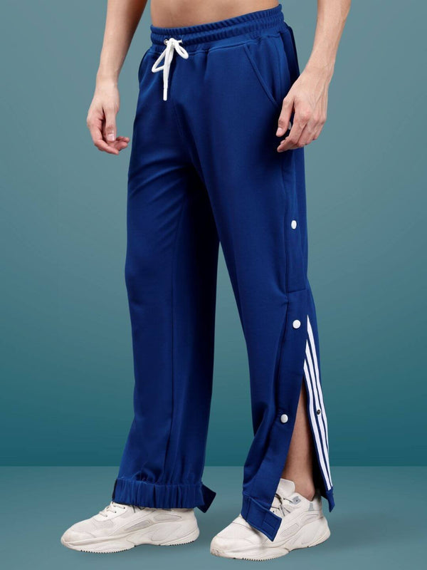 Genz-classic Men's Cotton Side Snap Button Track Pants with Triple Stripe Detail | Straight Fit | Navy Blue
