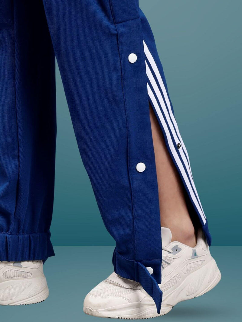 Genz-classic Men's Cotton Side Snap Button Track Pants with Triple Stripe Detail | Straight Fit | Navy Blue