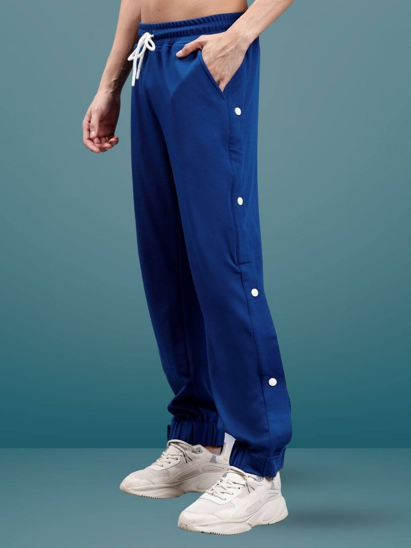 Genz-classic Men's Cotton Side Snap Button Track Pants with Triple Stripe Detail | Straight Fit | Navy Blue