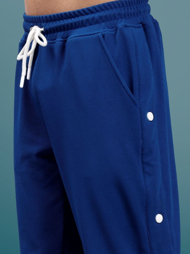 Genz-classic Men's Cotton Side Snap Button Track Pants with Triple Stripe Detail | Straight Fit | Navy Blue