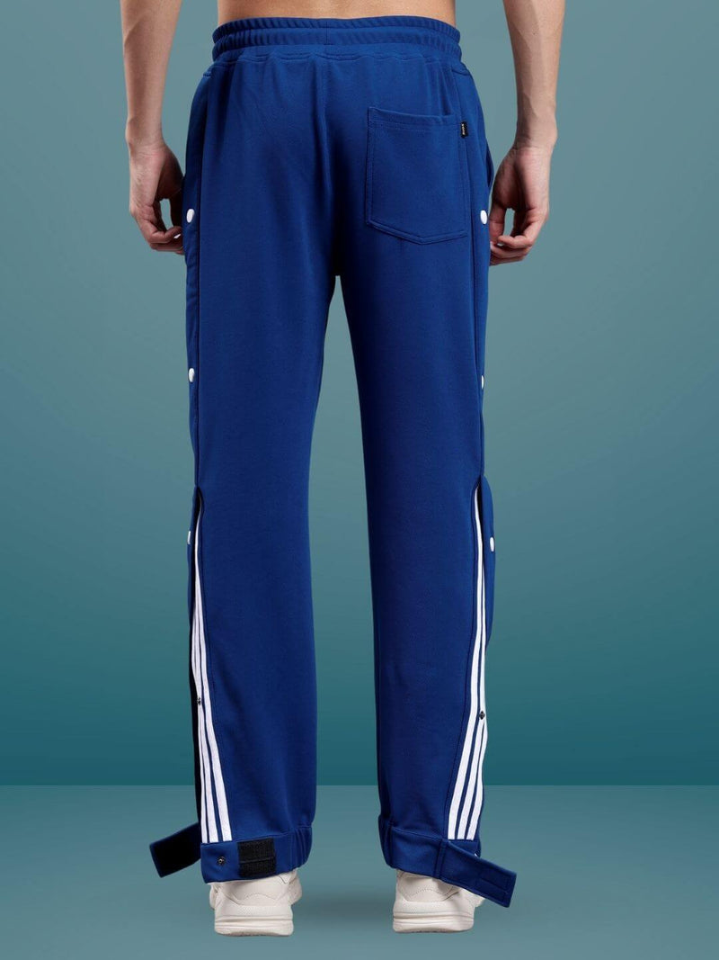 Genz-classic Men's Cotton Side Snap Button Track Pants with Triple Stripe Detail | Straight Fit | Navy Blue