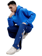 Genz-classic Men's Cotton Side Snap Button Track Pants with Triple Stripe Detail | Straight Fit | Navy Blue