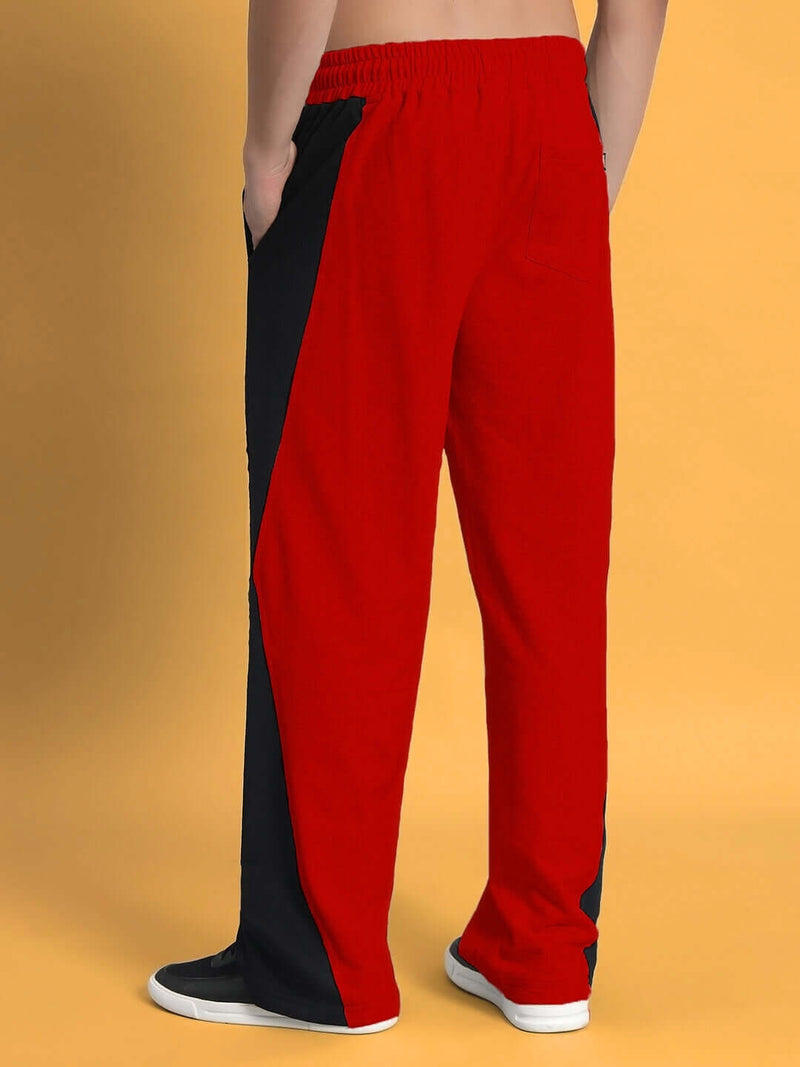 Genz-classic Men's Cotton Color Block Straight Fit Track Pants | Casual Lounge & Sports Wear | Red & Black