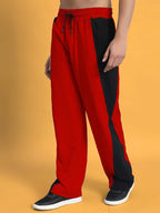 Genz-classic Men's Cotton Color Block Straight Fit Track Pants | Casual Lounge & Sports Wear | Red & Black