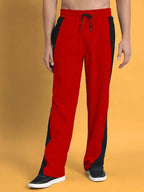 Genz-classic Men's Cotton Color Block Straight Fit Track Pants | Casual Lounge & Sports Wear | Red & Black