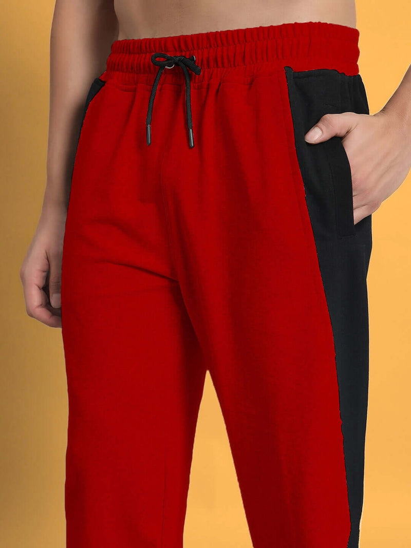 Genz-classic Men's Cotton Color Block Straight Fit Track Pants | Casual Lounge & Sports Wear | Red & Black