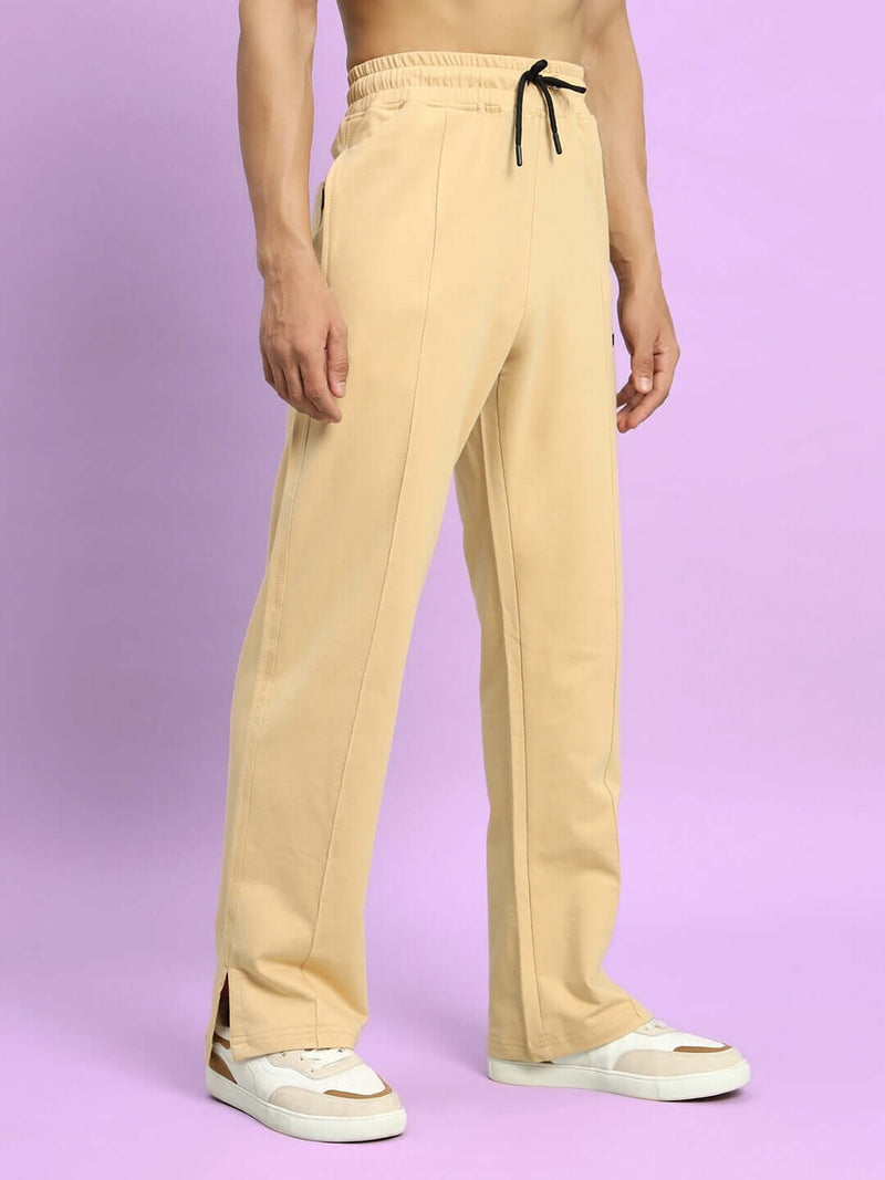 Genz-classic Men's Cotton Straight Fit Track Pants | Casual Lounge Wear | Beige