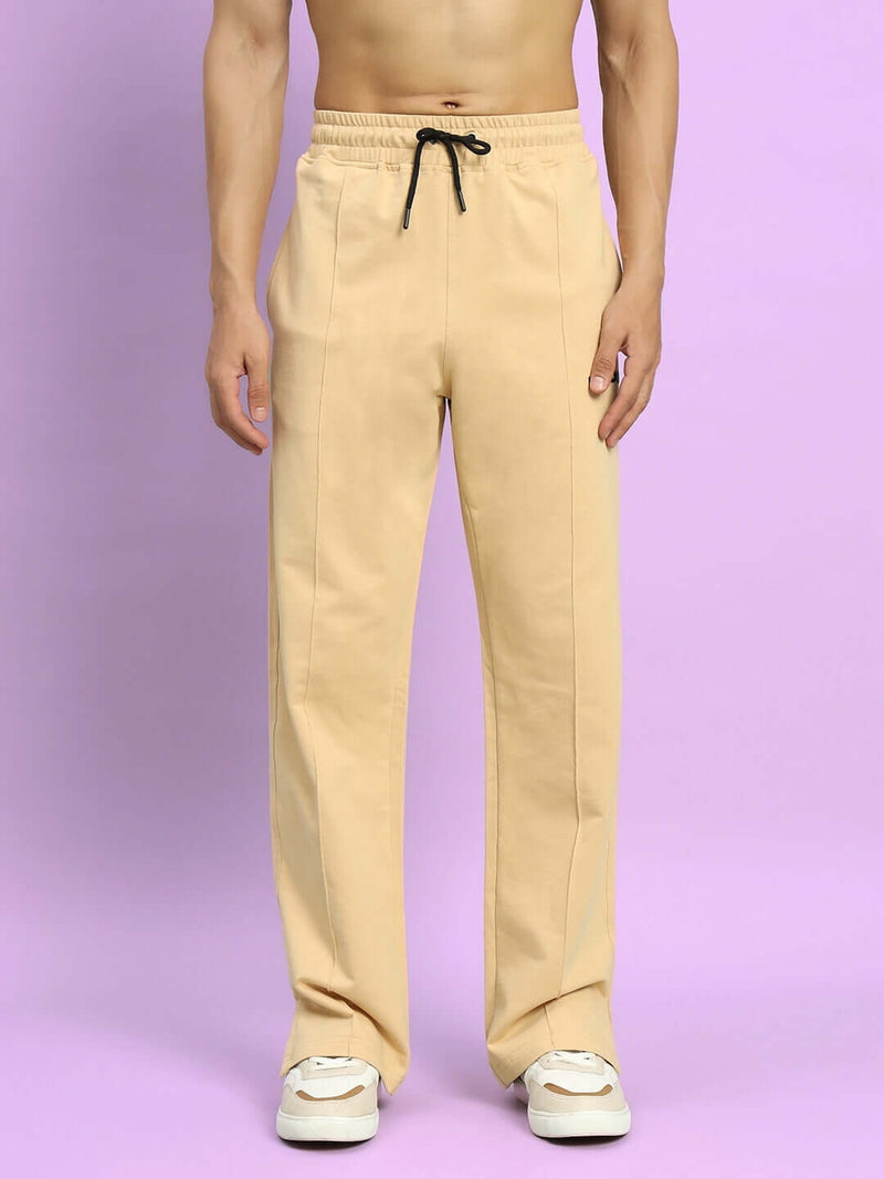 Genz-classic Men's Cotton Straight Fit Track Pants | Casual Lounge Wear | Beige