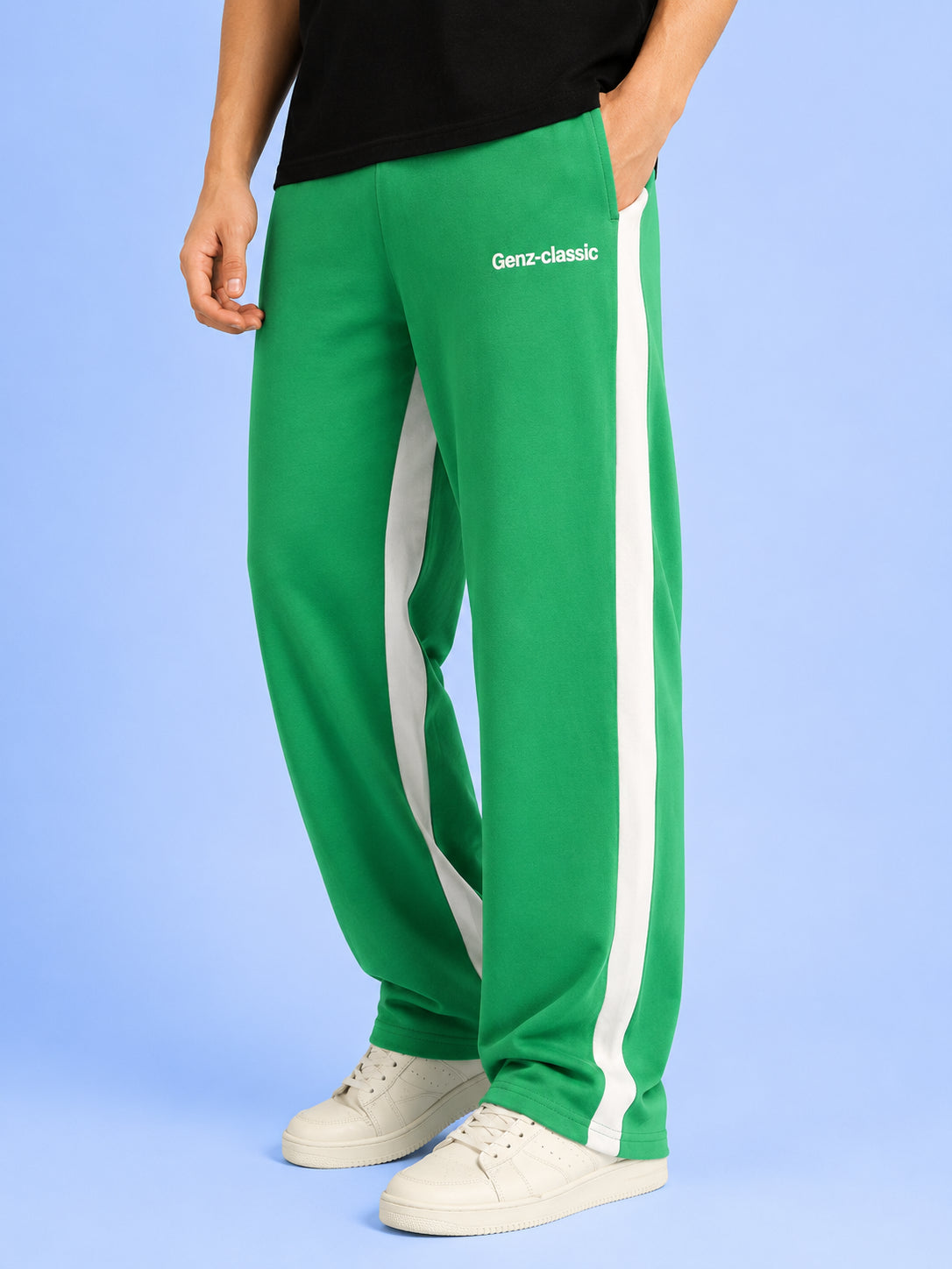 Genz-classic Men's Cotton Side Stripe Track Pants | Straight Fit | Green & White