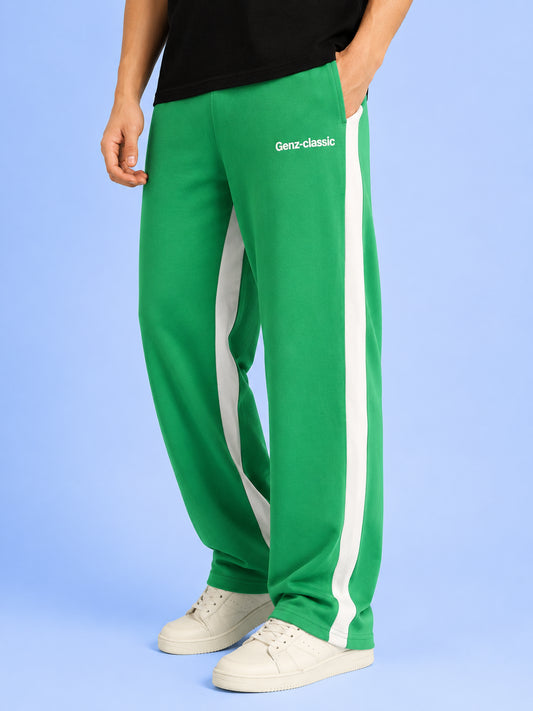 Genz-classic Men's Cotton Side Stripe Track Pants | Straight Fit | Green & White