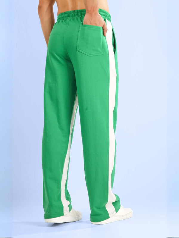 Genz-classic Men's Cotton Side Stripe Track Pants | Straight Fit | Green & White