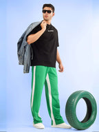 Genz-classic Men's Cotton Side Stripe Track Pants | Straight Fit | Green & White