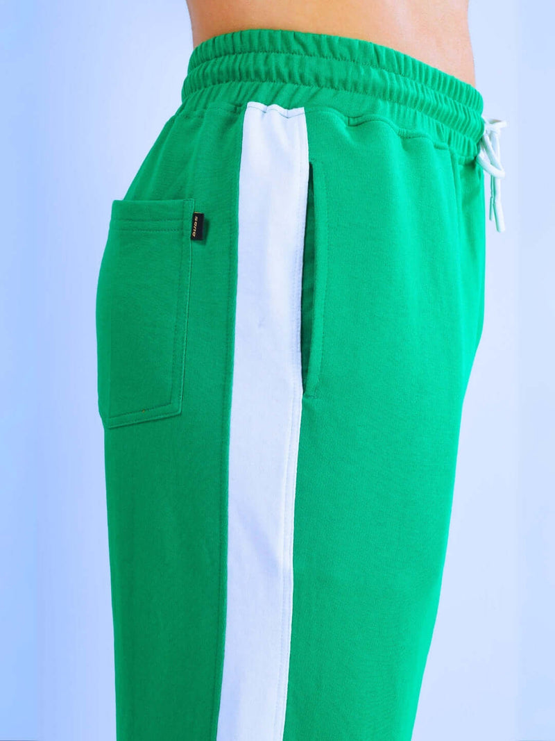 Genz-classic Men's Cotton Side Stripe Track Pants | Straight Fit | Green & White