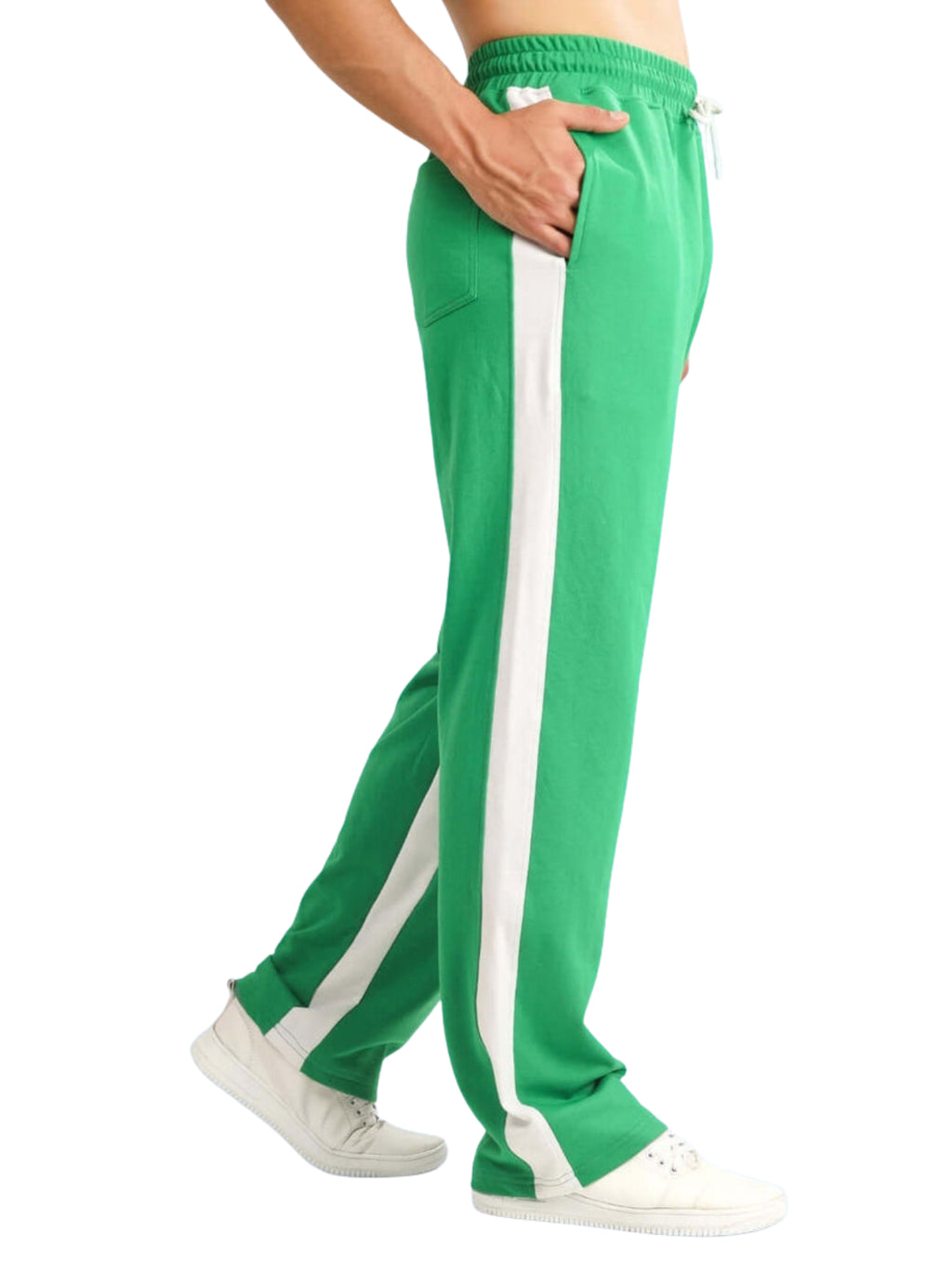Genz-classic Men's Cotton Side Stripe Track Pants | Straight Fit | Green & White