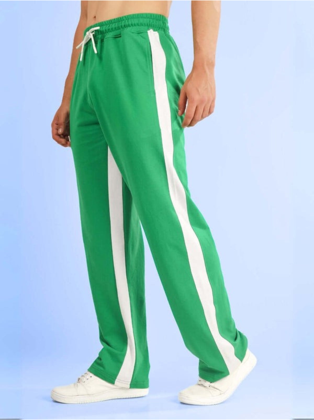Genz-classic Men's Cotton Side Stripe Track Pants | Straight Fit | Green & White